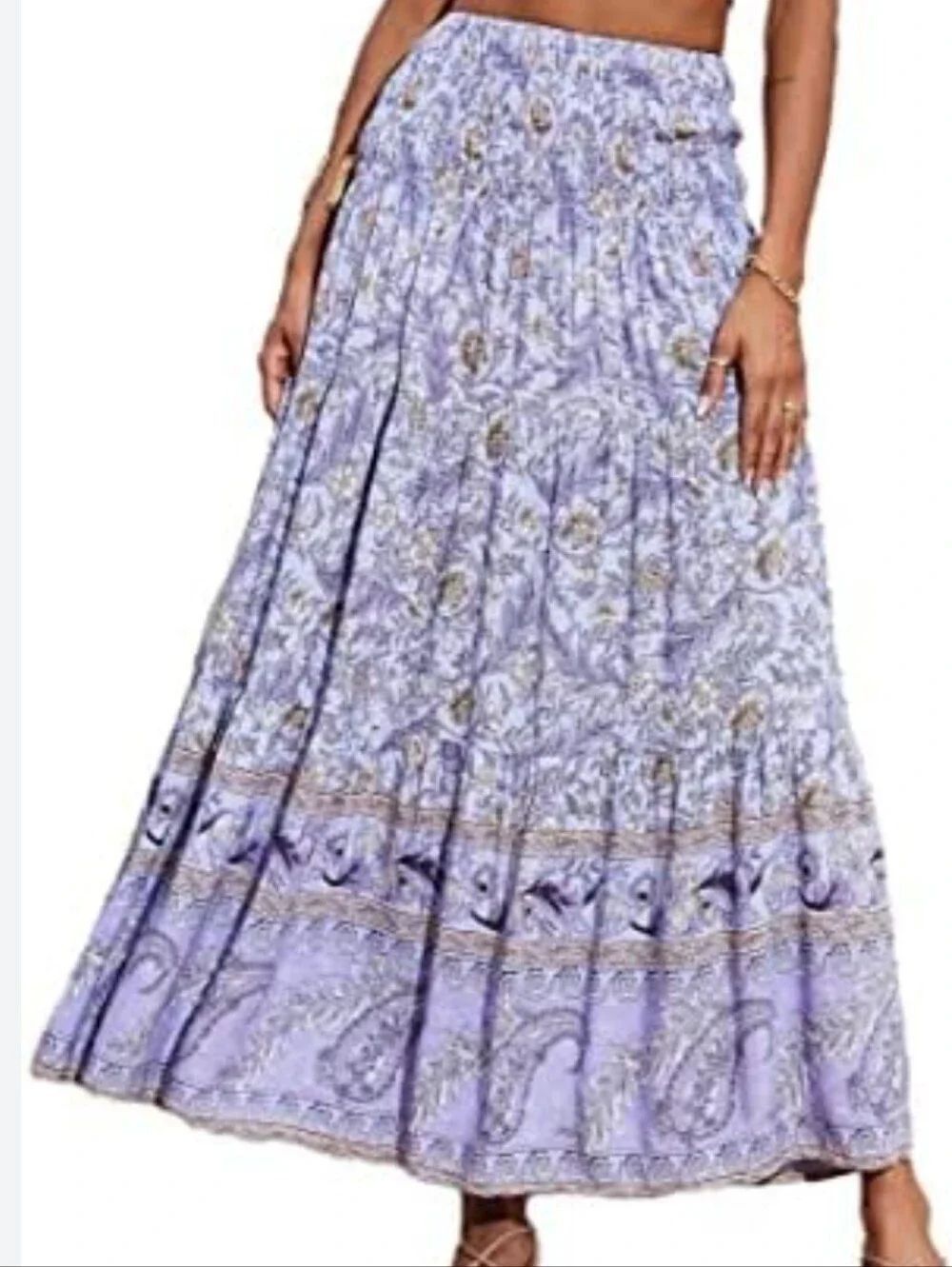 GXIPO Boho Lavender Floral Tiered Maxi Skirt